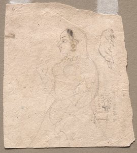 Vázlat egy nőről egy elefánttal és más állatokkal a hátoldalon alkotó: Unknown artist