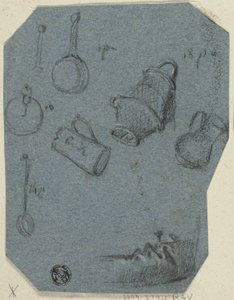 Konyhai eszközök vázlatai, hajlított kar (recto); történelmi jelenet (verso) alkotó: Unknown artist
