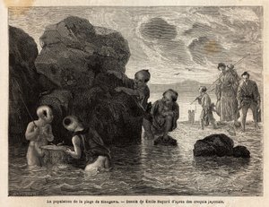 Kis horgásztevékenységek Sinagawa egyik strandján, a gyerekek pancsolnak a vízben, rákokat és apró halakat fognak. Aime Humbert, a Svájci Államszövetség minisztere által készített metszet az 1863–1864-es japán utazás szemléltetésére a „Le tour du monde, no alkotó: Unknown artist