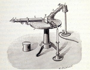 Bunsen és Kirchhoff spektroszkóp – Emile Des Beaux, Flammarion „Physique populaire” című könyvében alkotó: Unknown artist
