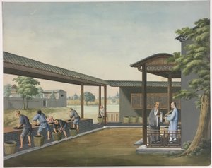 Ruhák fonása, tealevelek előkészítése, selyem előkészítése alkotó: Unknown artist