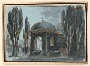 Színpadterv, kápolna a templomkertben alkotó: Unknown artist