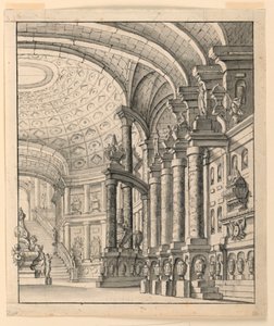 Színpad: terem kazettás mennyezettel és urnákkal alkotó: Unknown artist