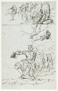 Tanulmánylap ülő lovaggal (recto); álló férfi alak középkori ruhában (verso) alkotó: Unknown artist