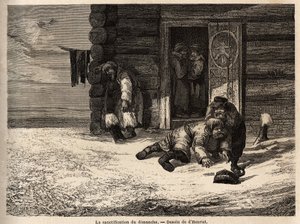 A vasárnapi megszentelődésben köményes ital van, Dorpat munkások. Henriet rajza az orosz balti tartományokba tett 1851-54-es utazásának illusztrálására. Gravírozás a „Le tour du monde”-ban, szerkesztette Edouard Charton alkotó: Unknown artist