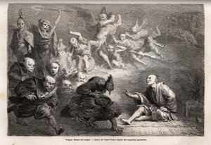 Tengu vagy álmok démona, a japán folklór kisebb istene, zoomorf, holló alakját ölti, mágikus erőkkel felruházva, Japánban a művészet, a színház és az irodalom kedvelt tárgya. Metszet az 1863-1864-es japán utazás szemléltetésére, Aim alkotó: Unknown artist