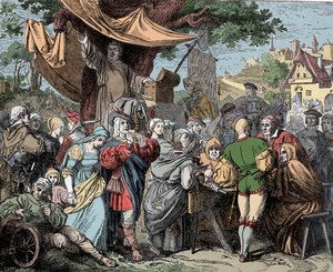 Tetzel búcsúkat árusít – Johann Tetzel (1465-1519), német domonkos pap, a római Szent Péter-bazilika építéséhez szükséges búcsút árul, 1515 körül alkotó: Unknown artist