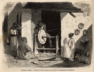 A kézműves esztergályos Kabyle műhelyében egy hatalmas falakást készít, amelyet minden háztartási és mezőgazdasági célra használnak Kabiliában (Algéria). Metszet a nagy Kabilie-be, a Földközi-tenger és a Djurjura között 186-ban tett kirándulás illusztrálás alkotó: Unknown artist