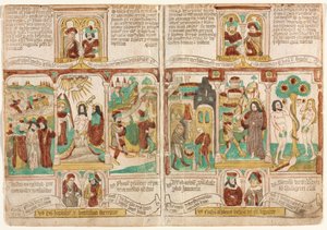 A szegények bibliája (Biblia Pauperum), A fáraó hadserege a Vörös-tengerbe fulladt; Krisztus keresztsége; és Mózes kémei, akik szőlővel visszatérnek Kánaánból Ézsau eladja Jákóbnak az elsőszülöttségét; Krisztus megkísértése; és Ádám és Éva megkísértése alkotó: Unknown artist
