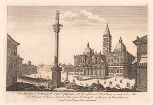 Nagy Szent Mária templom Rómában, a további épületekkel mindkét oldalon; Pál pápa által a Béke Templomából idehozott Antik oszlop is alkotó: Unknown artist