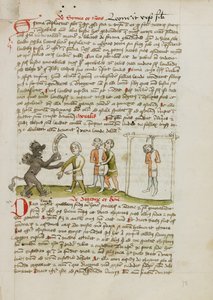 Az ördög egy bekötött szemű férfival; A közeli fáról lógó férfi alkotó: Unknown artist
