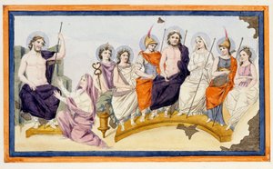 Az Olümposz istenei és a bal oldalon Thetis, Akhilleusz anyja térdre áll Zeusz (Jupiter) ellen, hogy könyörögjön neki, segítse fiát Agamemnon ellen és támogassa a trójaiakat. L