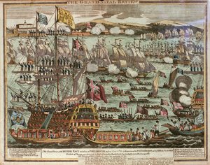 The Grand Naval Review. A brit haditengerészet nagyszemléjére 1814. június 24-én és 25-én került sor Portsmouthban a régens herceg és királyi látogatói jelenlétében, 1814 körül (színes metszet). alkotó: Unknown artist