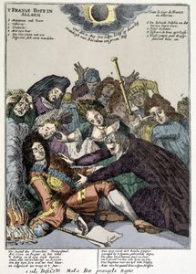 A király elájult, az udvaroncok körülvették, gyászolták: gúny XIV. Lajos hajtókáján Hollandiában és Olaszországban 1706-ban alkotó: Unknown artist