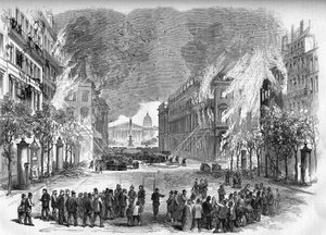 A párizsi kommün 1871-ben. A federes (communards) tüzet gyújtottak a Rue Royale-n a véres héten (május 22-28. alkotó: Unknown artist