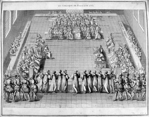 A Poissi kollokvium (Poissy) 1561-ben. Középen IX. Károly francia király (1550-1574) és Medicis Katalin anyakirálynő (Caterina de Medici) (1519-1589). alkotó: Unknown artist