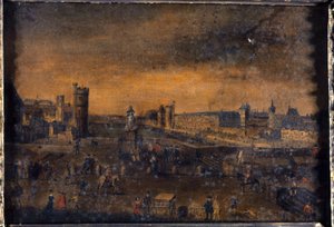 A Pont-Neuf, a Place Dauphine bejárata felől nézve, a Hôtel de Nevers, a Tour de Nesle, a Grande Galerie, a Porte Neuve-vel és a Louvre, 1640 körül, a mai 1. és 6. kerület, 1635 és 1645 között (olaj, vászon). alkotó: Unknown artist