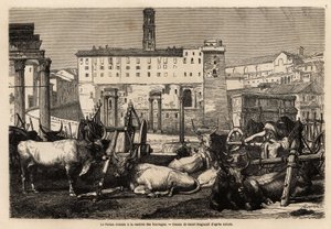 A római fórumon takarmánybérlés van, az ökrök szekerek és ősi romok közepén hevernek. Engravure pour illustrrer le voyage à Rome, Francis Wey, 1864-1868, megjelent a „Le tour du monde”” 1869-ben, szerkesztette Edouard Charton, Hachette kiadás, alkotó: Unknown artist