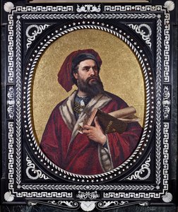 A velencei felfedező, Marco Polo hóna alatt tartja a „Csodák könyve” című művet, útját követve. alkotó: Unknown artist
