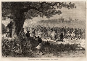 A Vouagogo (tanzániai törzs) a háborúra készülve, a fa alatt, a történet szerzője, Henry Morton Stanley (1841-1904). Metszet a közép-afrikai Livingstone-t kereső utazás illusztrálására Henry Stanleytől, a New-Y tudósítójától alkotó: Unknown artist