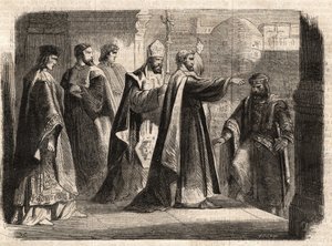 Milánói Szent Ambrosius érsek (Aurelius Ambrosius, Ambrogio di Milano (340-397) megtiltotta a templomba való belépést I. Theodosius (Flavius Theodosius) (347-395) római császárnak, hogy megbüntesse a 390-ben elkövetett thesszaloniki mészárlásért - Excommun alkotó: Unknown artist