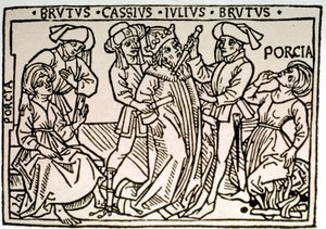Jules Cesar (Kr. e. 100-44) meggyilkolása: Brutus és Cassius leszúrja, míg Porcie, Brutus felesége eltűnik. századi Róma xilográfiája, Biblioteca Vallicelliana ©Luisa Ricciarini/Leemage alkotó: Unknown artist