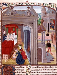 Nagy Sándor (Kr. e. 356-323), Olympias és Nectanebo II fia, QuinteCurce (Quintus Curtius Rufus) „” Nagy Sándor történetéből” című miniatúra születése (Kr. u. 1. század) 15. század Chantilly, Conde múzeum alkotó: Unknown artist