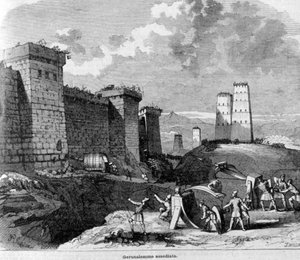 Jeruzsálem elfoglalása Titus és serege által i.sz. 80 körül. 19. századi metszet. alkotó: Unknown artist
