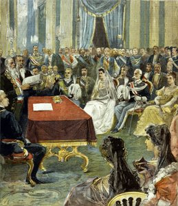 A nápolyi herceg - akiből III. Viktor Emmanuel (Victor Emmanuel) (Vittorio Emanuele) lett - polgári házassága Heléne montenegrói hercegnővel a Quirinal-palotában 1896-ban. Középen I. Humbert (Umberto) látható a bal oldalon. a menyasszony. alkotó: Unknown artist