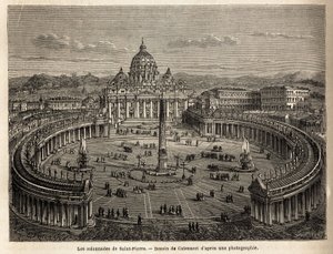 A vatikáni Szent Péter oszlopcsarnokok, amelyeket az 1655-ös Bernini (1598-1680) hozott elliptikus síkon, a barokk és rokokó építészet közös helyévé vált. Metszet a római út illusztrálására, Francis Wey 1864-1868-ban, publis alkotó: Unknown artist