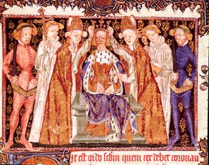 Egy király megkoronázása Valószínűleg II. Richárd angol király (1367-1400). Miniatűr a koronázási rítusokról szóló kéziratból „Liber regalis”” 14. századi Pamplona, Navarra archívuma alkotó: Unknown artist