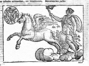 A hajnal (a nap szekere). Napkelte allegóriája a görög és római mitológia szereplőivel az égen. Metszet a „Mythologiae sive explicationes fabularum” da Natalis Comitisből. 1637. alkotó: Unknown artist