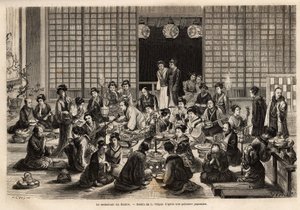 A Yokohama Színház étkezője állandóan megtelt, még az előadás ideje alatt is. Aime Humbert, a Svájci Államszövetség minisztere 1863–1864-es metszete a japán utazás szemléltetésére, megjelent a „le tour du monde” című folyóiratban. alkotó: Unknown artist