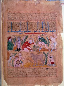 Andromakhos orvos megfigyeli a mezőgazdasági tevékenységeket. Miniatűr „Az ellenszerek könyvéből” 1199 Paris, B.N. alkotó: Unknown artist