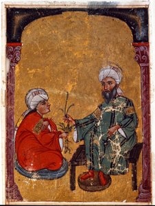 Az orvos és botanikus Pedanius Dioscoride (Dioscorides) (i.sz. 40-90), aki egyik tanítványának elmagyarázza a miniatűr növények erényeit, melyeket a „De materia medica” című értekezéséből (Fol. 2 verso) Irakban írt le. 1229 Topkapi Sarayi Múzeumi Könyvtár, alkotó: Unknown artist