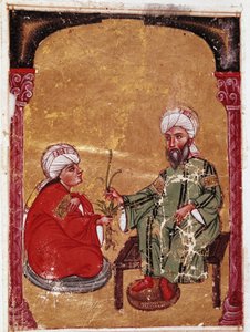 Az orvos és botanikus Pedanius Dioscoride (Pedanius Dioscorides) (i.sz. 40-90) ül egyik tanítványával Miniatűr a „De materia medica” értekezéséből” (ms Ahmed III, 2147, folio 217a) 1229 Topkapi Sarayi Múzeum könyvtára, Isztambul alkotó: Unknown artist
