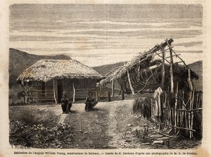 Egy angol építőmester lakása és hajógyára Noumea mellett, aki bennszülött munkaerőt alkalmaz vagy elítéli őket kemény munkájuk végéig. Engravure pour illustrrer le voyage à la Nouvelle Caledonie, Jules Garnier, bányamérnök 18-ban alkotó: Unknown artist