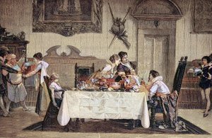 Az elsőszülött fiú utód, a szülésznő megmutatja az újszülött fiút a család többi tagjának alkotó: Unknown artist