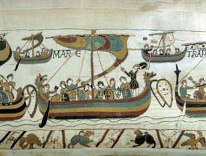 I. Hódító Vilmos (1027-1087) flottája átkel a Csatornán Anglia felé. Bayeux gobelin vagy Mathilde királynő hímzése alkotó: Unknown artist