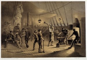 A kovács a fedélzeten. Augusztus 9-én éjszaka előkészíti az ifonlemezt a kapsztánhoz – W. H. Russel „The Atlantic Telegraph” című könyvében, kb. 1860 alkotó: Unknown artist