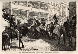 A karnevál során négy alkalommal megrendezett ingyenes lóverseny a Nép terén kezdődik, majd a Corso hármas vágtáján lándzsás indul a Velence térre, ahol átadják a díjakat. A római utazást illusztráló metszet, Francis Wey, in alkotó: Unknown artist