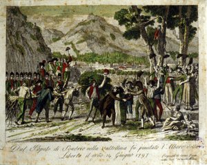 Sondrio de la Valtellina lakói elültetik a Liberte fát, amely a régi rezsim felett aratott győzelem szimbóluma. 1797.06.14. Metszés. alkotó: Unknown artist