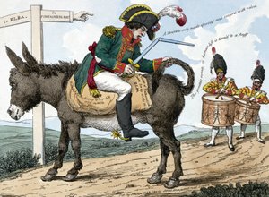 Egy modern hős utazása Elba szigetére. Egy modern hős utazása Elba szigetére. Ez a rajzfilm azt mutatja, hogy Bonaparte Napóleon egy szamáron ül a Fontainebleau-ból Elba-szigetre vezető úton; egyik kezében kardtartót tart és a alkotó: Unknown artist