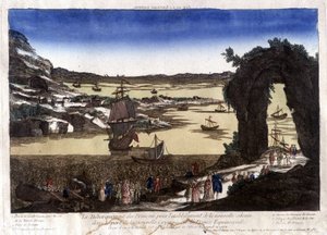 A franciák partraszállása az új kolónia létrehozására Nouvelle Cayenne (vagy France Equinoxiale) kikötőjében alkotó: Unknown artist