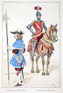 A kilátó őrmester a 17. században és a lovag a 15. században. Színes rézkarc, illusztrációnak „A békefenntartók hadtestének története”” című könyv Louis Lepine (1846-1933) Szajna menti rendőrprefektus gondozásában jelent meg. alkotó: Unknown artist