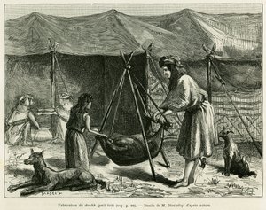 Tejgyártás a Karoun régió pásztorasszonyai által. Jane Delafoy (1851-1916), akadémiai tiszt, a La Perse, la Chaldee et la Susiane című metszet a le tour du monde 1886-ban, rendezte: Edouard Charton (1807-1890), Ha alkotó: Unknown artist