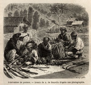 Pálmalevél kosarak gyártása, kávégyűjtéshez. Metszet a brazíliai utazás illusztrálására, M. és Mme Agassiz története 1865-1866-ban, megjelent a „Le tour du monde, nouveau Journal des voyages” című folyóiratban, Edouard Charto irányítása alatt alkotó: Unknown artist