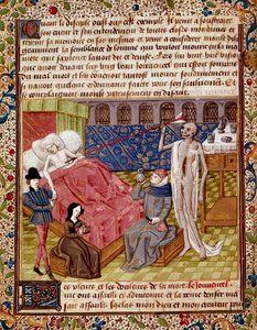 A beteget megdöbbenti a Miniatűr Halál, amelyet Jean Gerson (1363-1429) a „Le Tresor de Sapience”-ből (vagy „Le traite du jardin amoureux”) vett át, 15. századi Chantilly, Musee Conde alkotó: Unknown artist