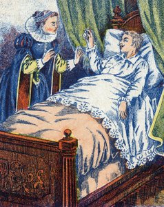 A herceg megmutatja a gyűrűt az anyjának. Névtelen illusztrációja Charles Perrault (1628-1703) francia író „” Szamárbőr” című meséjéhez. Képek Marcel Vagne, Jarville Nancy, dátum nélküli (19. század vége). alkotó: Unknown artist