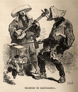 A bábszínház és az őt utcai szórakozásra elkísérő zenész. Aime Humbert, a Svájci Államszövetség minisztere 1863-1864-es metszete a japán utazás szemléltetésére, megjelent a „le tour du monde”-ban, Ed irányításával. alkotó: Unknown artist
